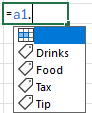 Show user typing 'a1.' and Excel showing a menu with drinks, food, tax, and tip options.