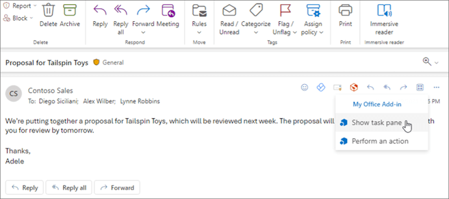 A message window in Outlook on the web with the 'Show task pane' option selected.