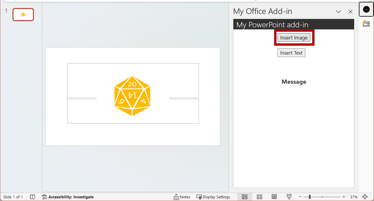 The Insert Image button highlighted in the add-in.