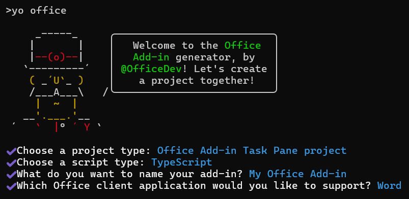 The prompts and answers for the Yeoman generator in a command line interface when the add-in only manifest is selected.