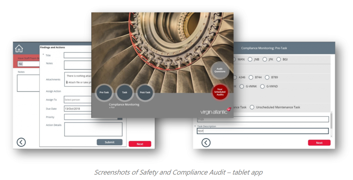 Virgin Atlanticu ohutus- ja vastavusrakenduse kuvatõmmised.