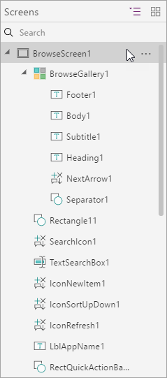 Power Apps Studio hierarhilise vaatega.