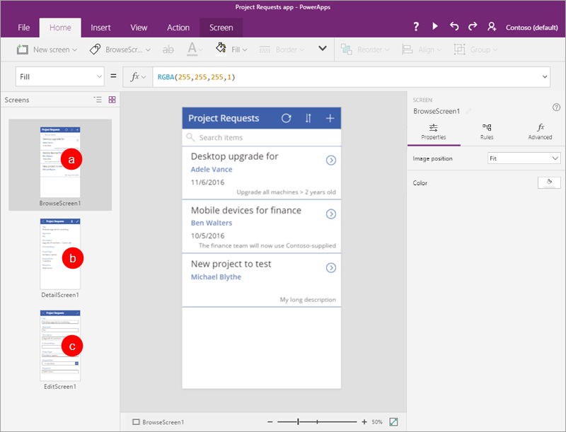 Power Apps Studio pisipildi vaatega.