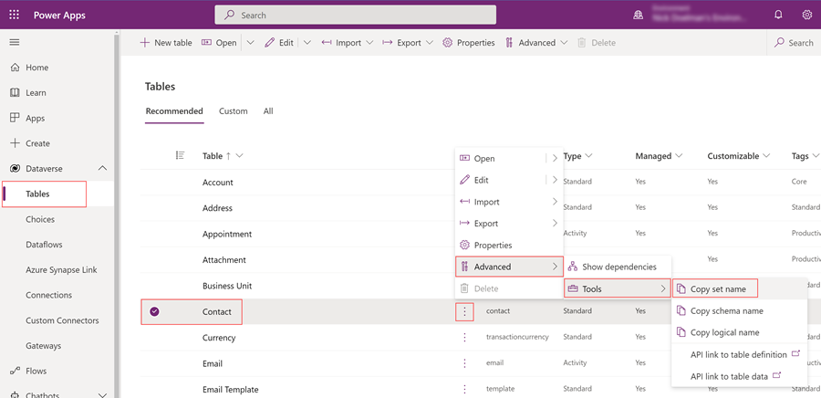 Kuidas leida tabeli Dataverse atribuut EntitySetName.