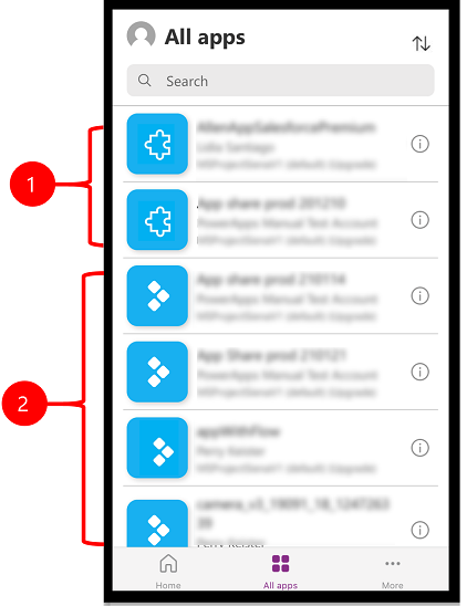 Power Apps mobile'i kasutajaliides mudelipõhiste ja lõuendirakendustega.