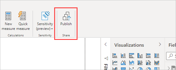 Screenshot shows the Publish button in Power BI Desktop.