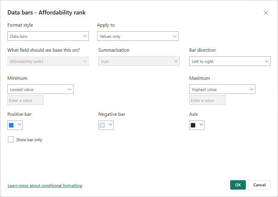 Data bars dialog with optional checkbox to Show bar only