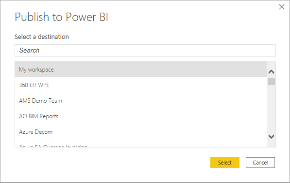 Screenshot of the Publish to Power BI dialog.