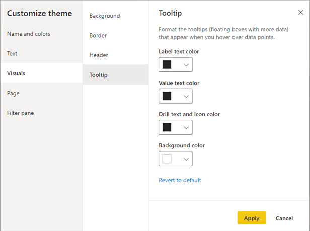 Screenshot of the Customize theme dialog, showing Tool tip customizations.