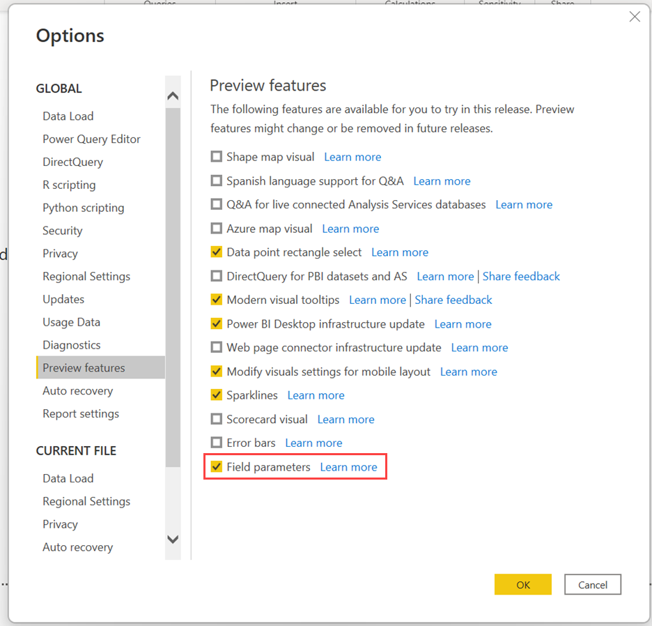 Screenshot of the options dialog, highlighting the Field parameters option.