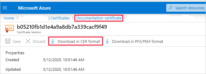 Screenshot of the Azure portal window, which shows the highlighted Download in CER Format button.