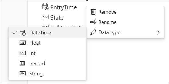 Screenshot that shows remove, rename, and data type options for input data.