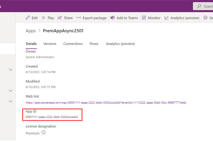Kuvatõmmis, mis näitab, et lõuendirakenduse AppName leiate lõuendirakenduse üksikasjade lehelt.
