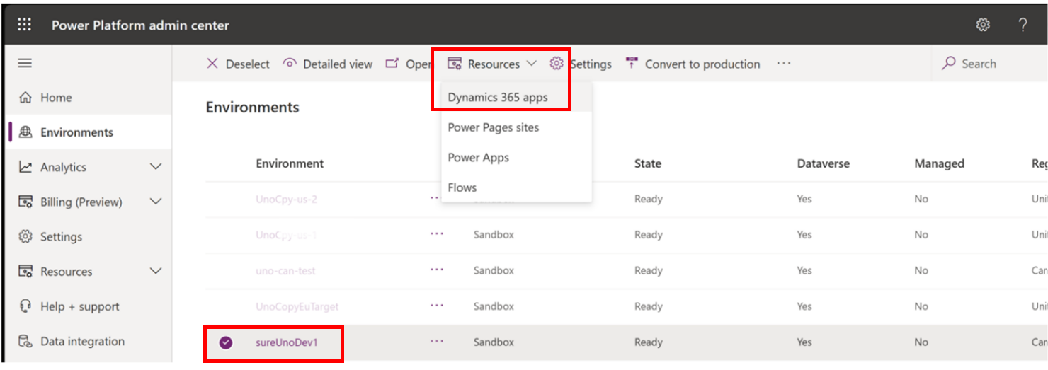 Dynamics 365 rakenduste vaatamine keskkonnaressursside menüüst.