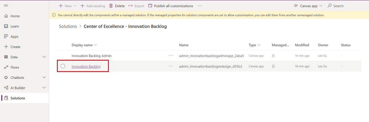 Uute ideede kogumise rakenduse kasutamine Avage rakendus Innovation Backlog.