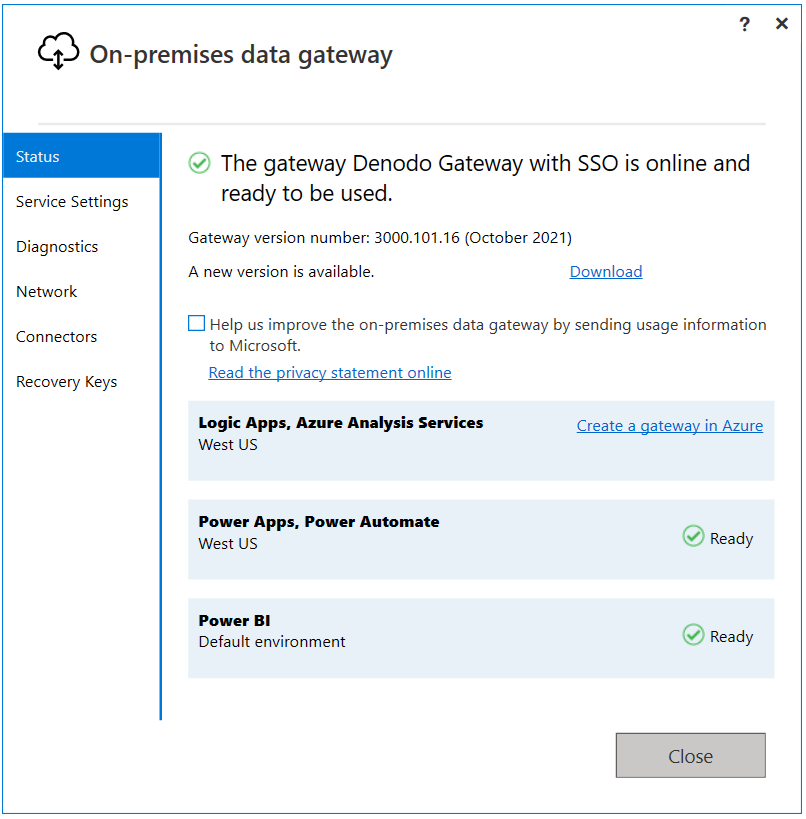 Screenshot of the on-premises data gateway with status tab open.
