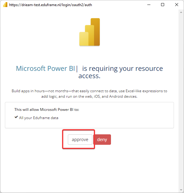 Screenshot of the Power BI integration approval dialog, with the approve button emphasized.