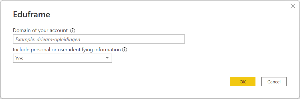 Screenshot of the Eduframe dialog with the Eduframe domain filled out and ready to select OK.