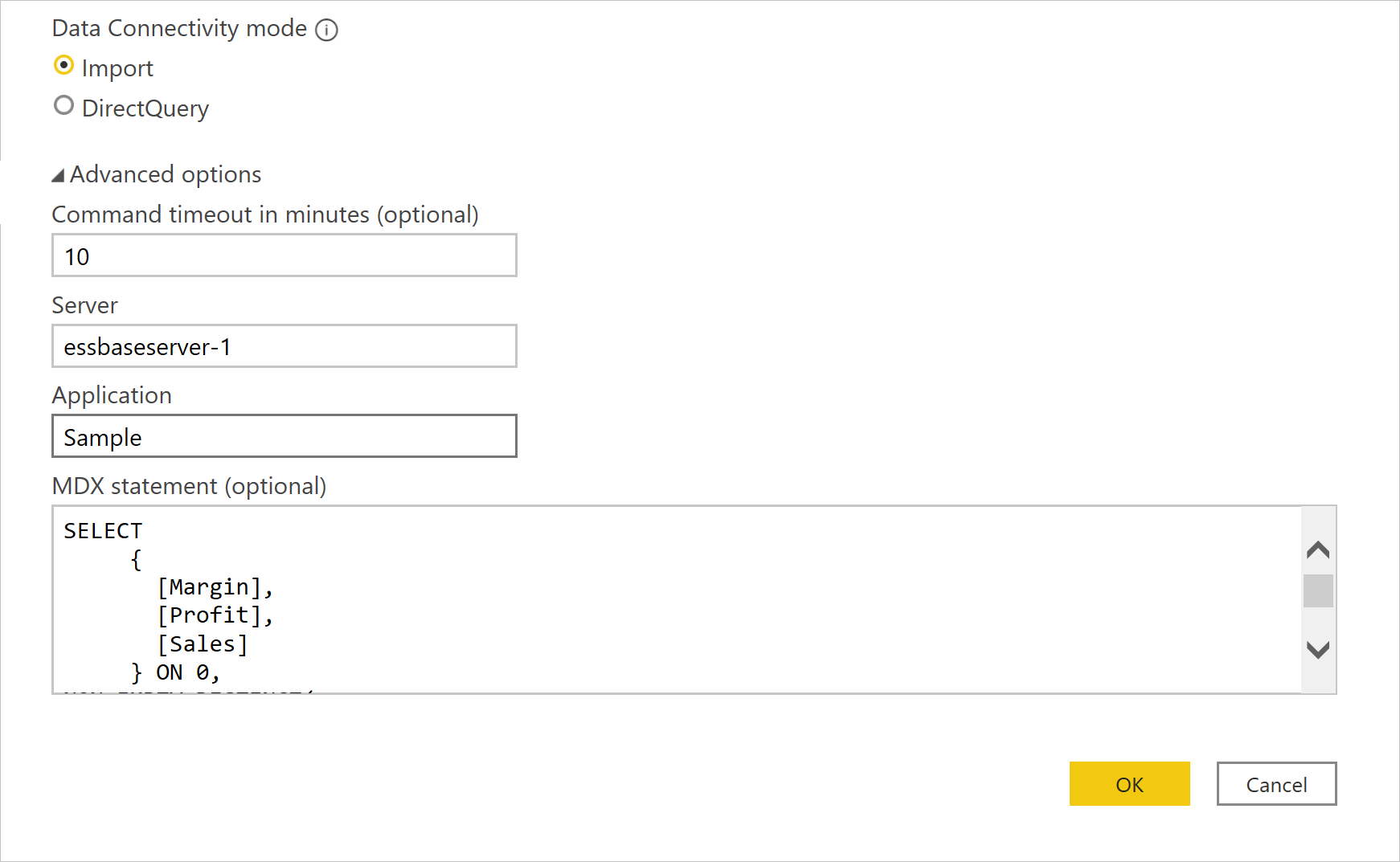 Screenshot of the Essbase connection authentication with command timeout and MDX advanced options set.