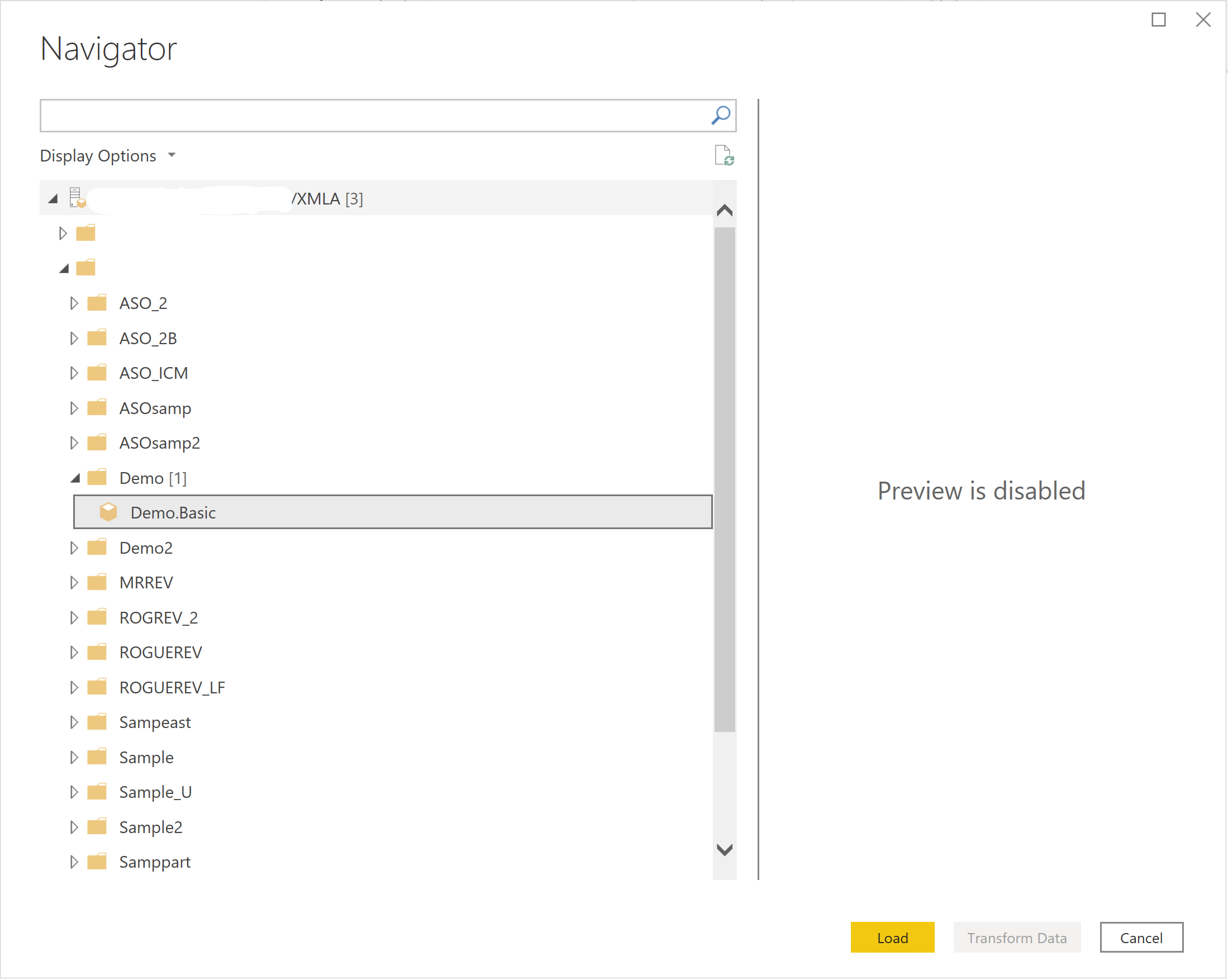 Screenshot of the Essbase Direct Query data navigator selections.