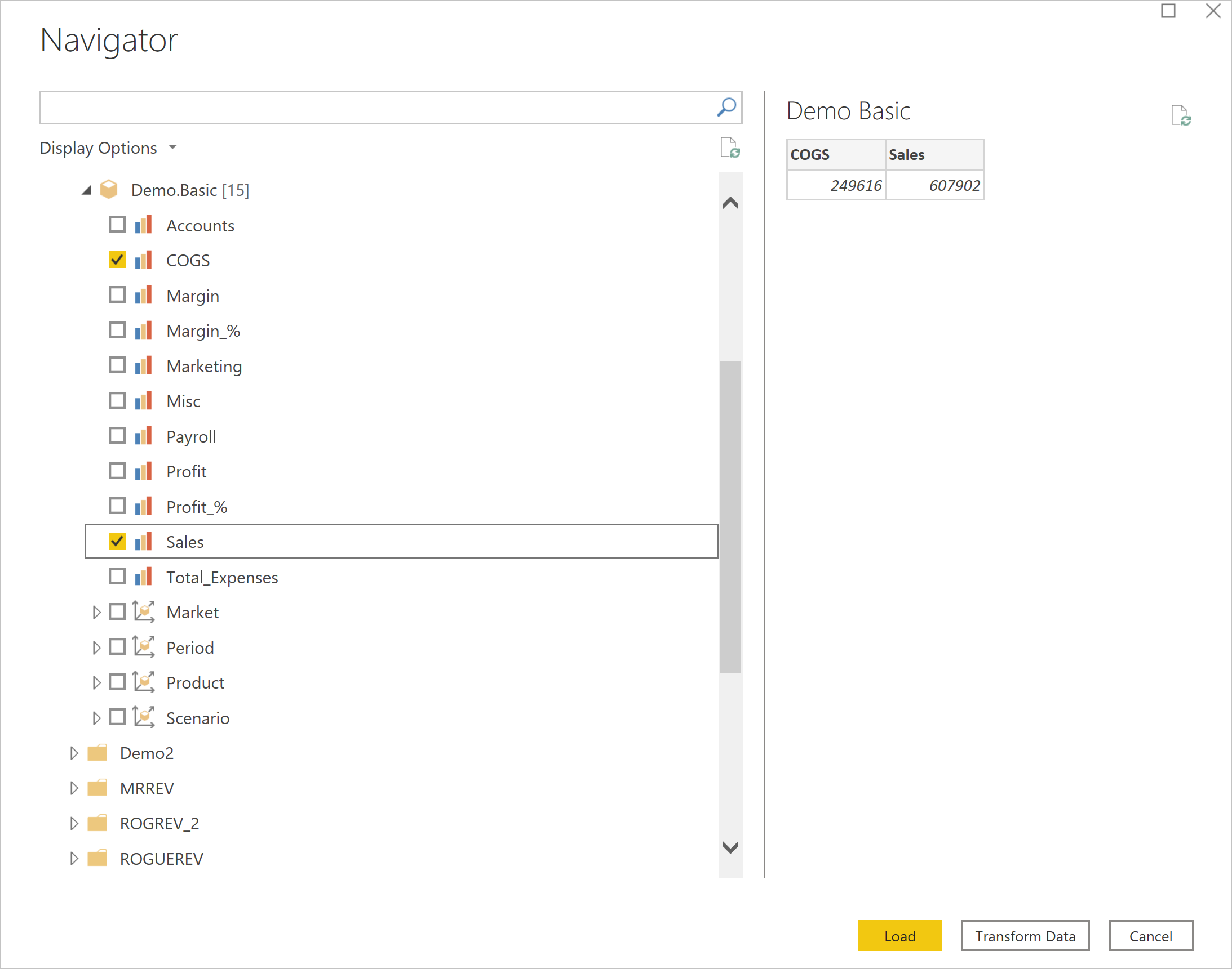 Screenshot of the Navigator where you import Essbase data.