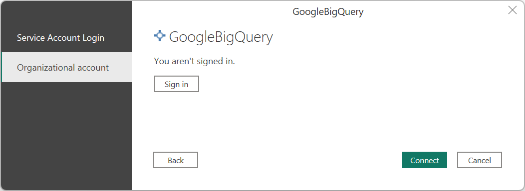 Screenshot of the authentication dialog used to sign in to Google BigQuery.