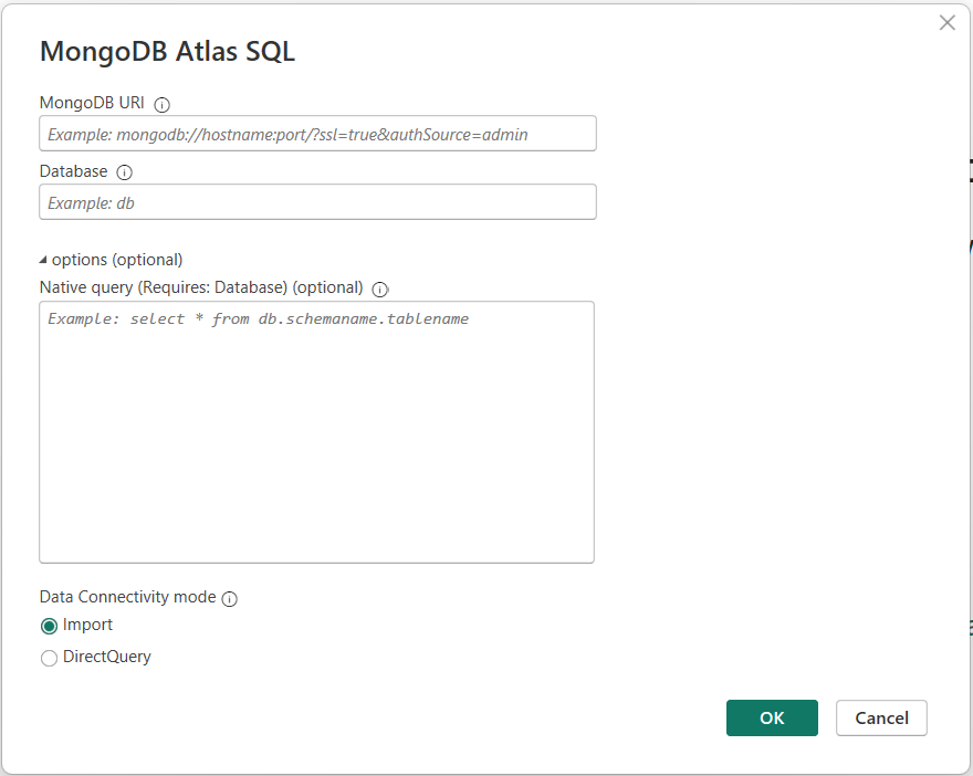 Screenshot of the MongoDB Atlas SQL connection dialog where you enter the connection information.