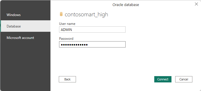 Screenshot of the credentials dialog, with Database selected, and the default database user name and password entered.