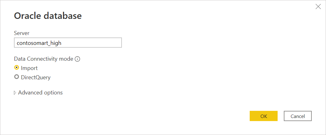 Screenshot of the Oracle database dialog with contosomart_high as the server name and import mode selected.