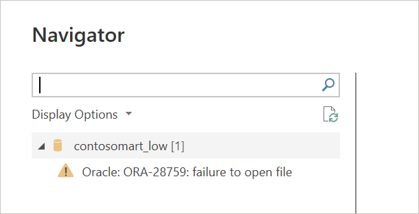 Screenshot of the Navigator with the database name at the top, but an error appears instead of the data.