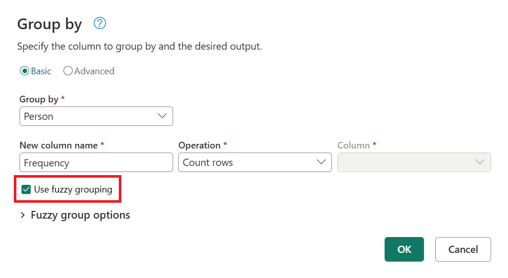 Screenshot of the Fuzzy grouping check box emphasized in the Group by dialog box.