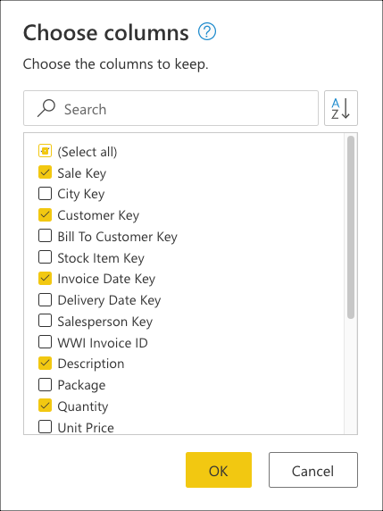 Screenshot of the Choose columns pane where you select the `Sale Key`, `Customer Key`, `Invoice Date Key`, `Description`, and `Quantity` columns.