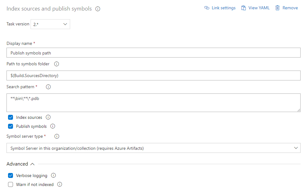 Screenshot showing the index sources and publish symbols task to publish symbols to Azure Artifacts symbol server