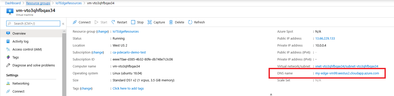 Screenshot showing the dns name of the iotedge vm