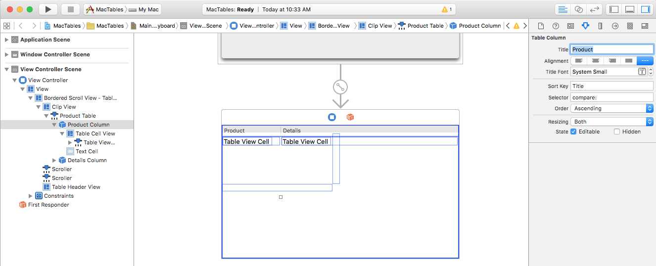 Screenshot shows the Interface Builder where you can set the sort key for the Product column.