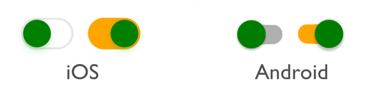 Screenshot of Switches in on and off states, on iOS and Android with the colors changed.