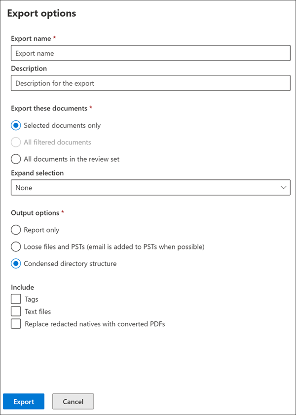 Configuration options for exporting items from a review set.