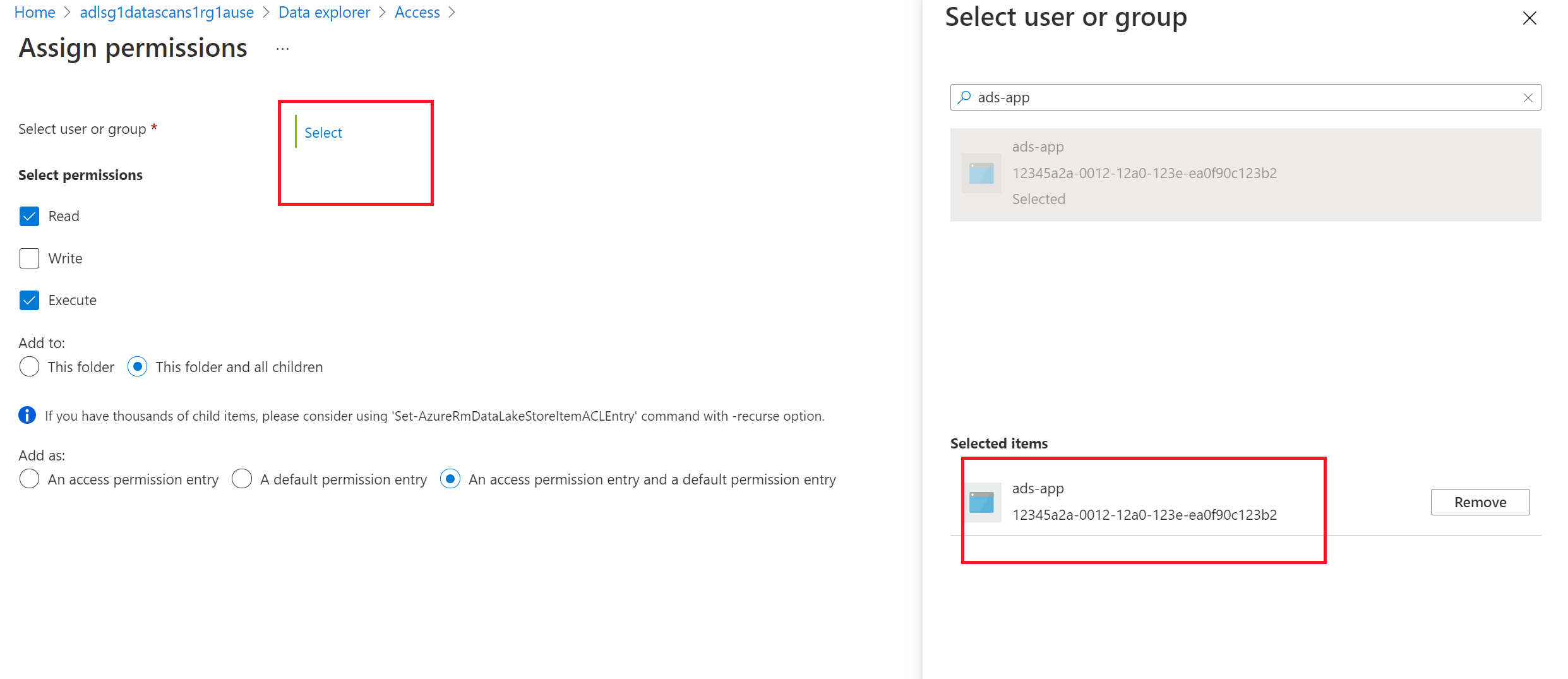 Screenshot that shows the details to assign permissions for the service principal