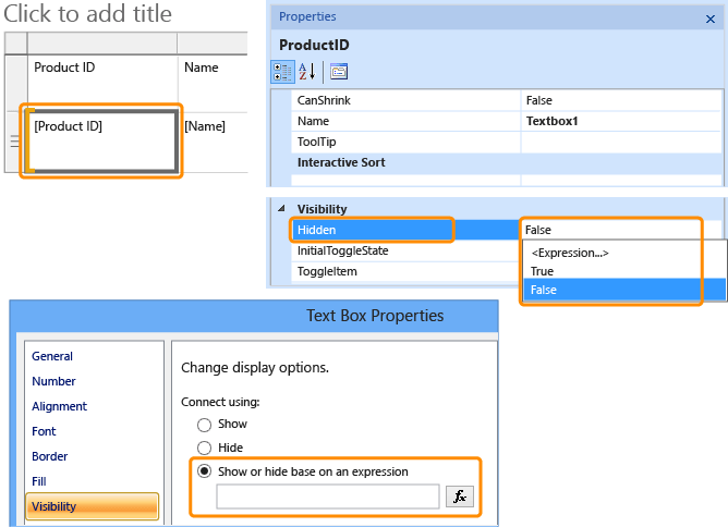 Screenshot of the Properties_Visibility dialog and Hidden property.