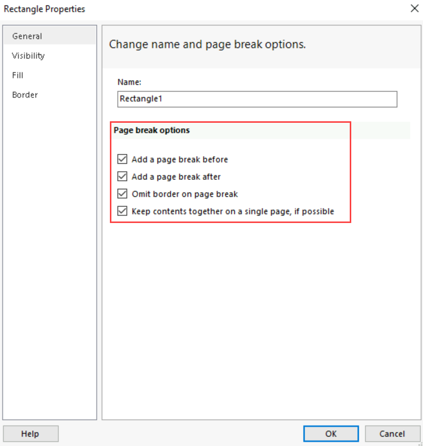 Screenshot of the Rectangle Properties dialog box on the General tab highlighting the Page break options.