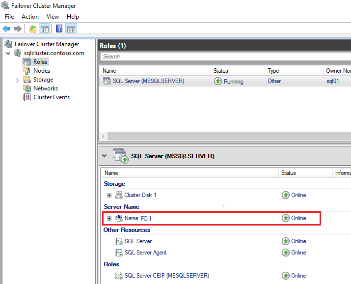 Screenshot of the FCI network name in Failover Cluster Manager.