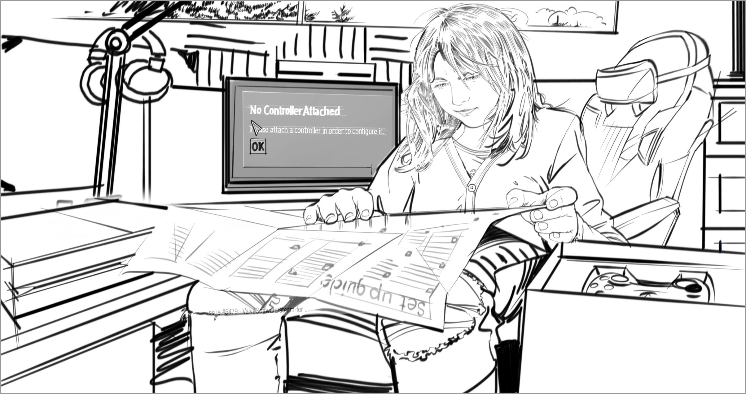 A woman holds instructions that look like a newspaper—pages full of small text folded open next to a box with a packaged Xbox controller.