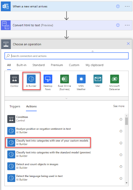 Screenshot of the selected flow in Power Automate Studio with a highlight on AI Builder connector and the Classify text into categories with one of your custom models action.