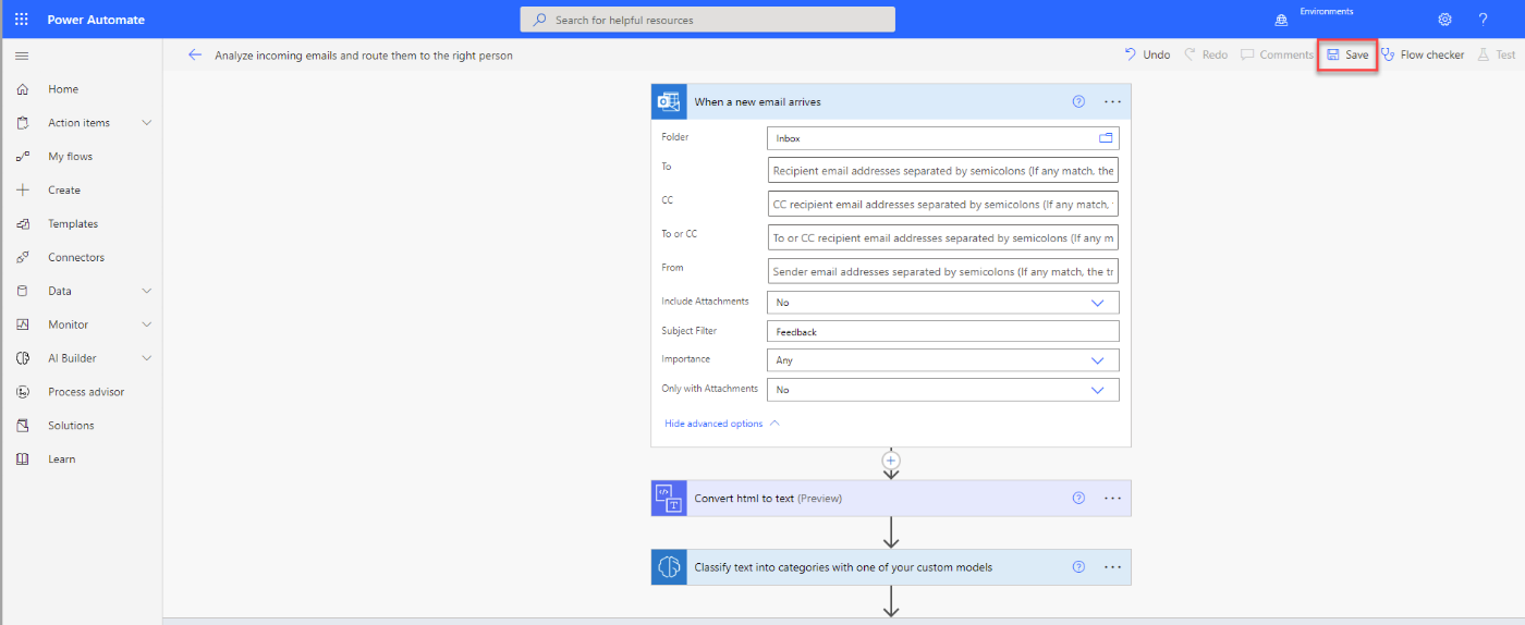 Screenshot of the selected flow in Power Automate Studio with a highlight on Save.