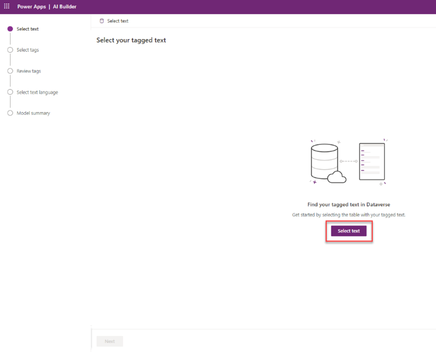 Screenshot of the Category Classification model in Power Apps Studio with a highlight on the Select text option.