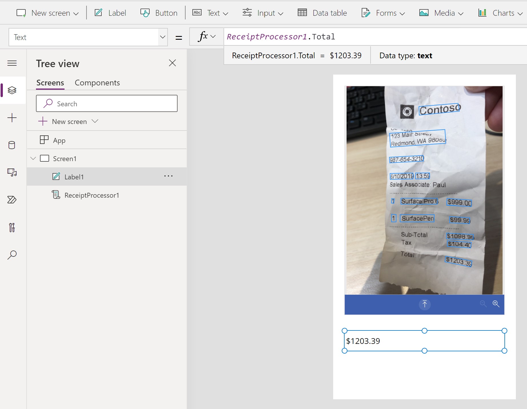Power Apps Studio with an A I Builder Receipt processor component open on Screen1.