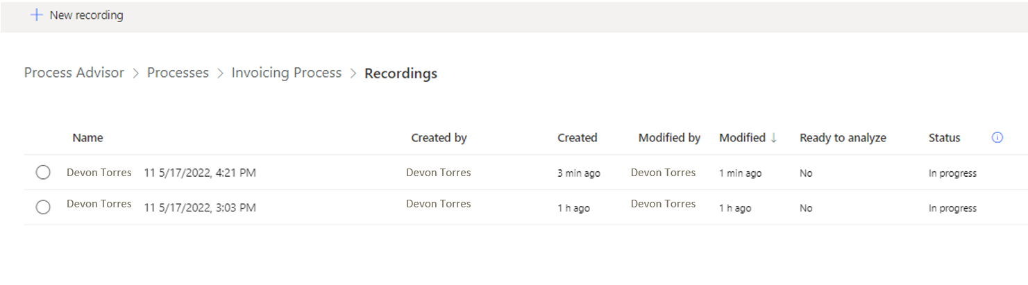 Screenshot of all recordings in a process.