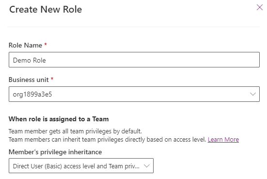 Screenshot of Role Name and settings for new role.
