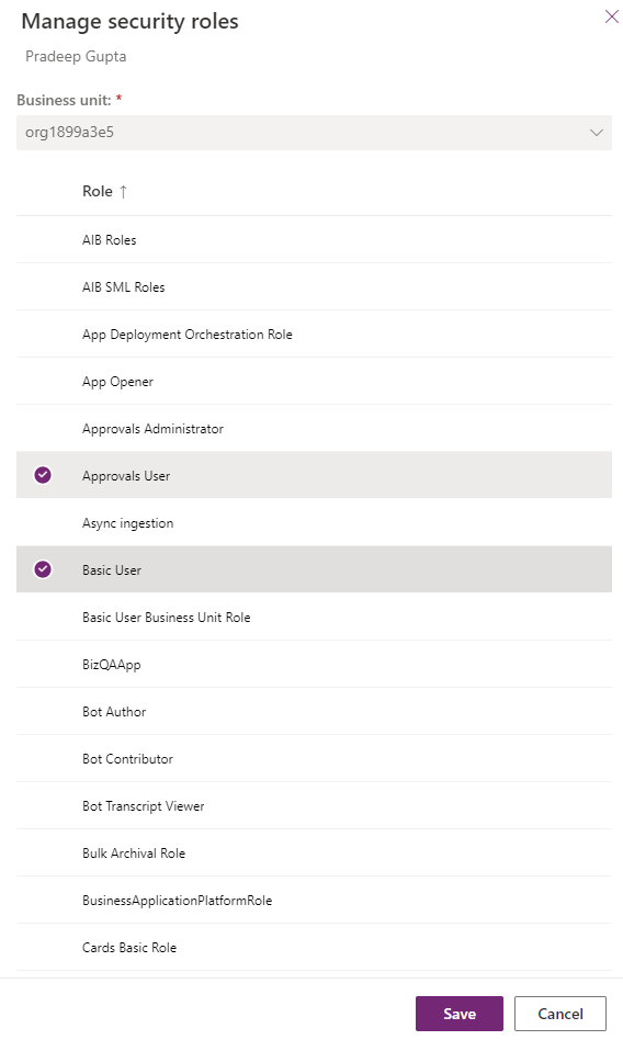 Screenshot of Manage security roles.