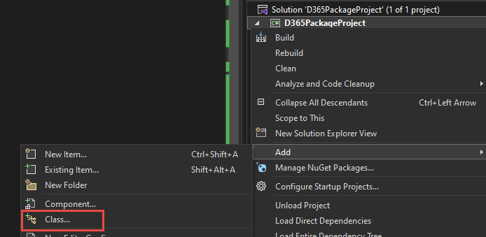 Screenshot of add menu with class selected.